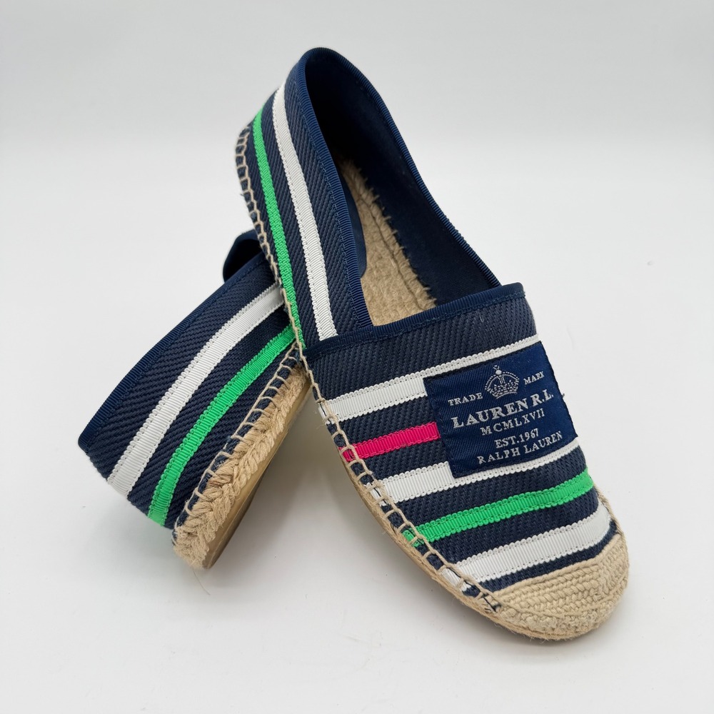Lauren Ralph Lauren Womens Striped Espadrille Flats Navy Green White Pink 7.5